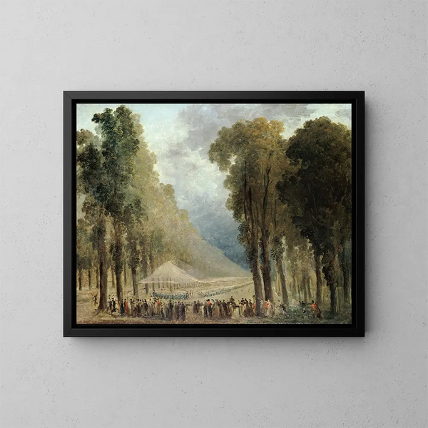 Posiłek podawany oddziałom wojskowym w alei Champs-Élysées lub w parku Saint-Cloud - Hubert Robert — oprawiony obraz na ścianie