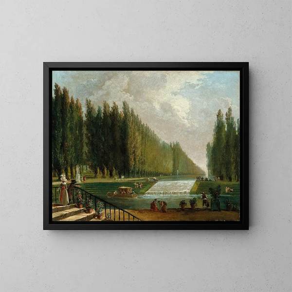Le parc d'une villa de campagne avec des personnages se promenant près d'une cascade d'eau - Hubert Robert — oprawiony obraz na ścianie