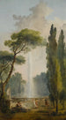 Widok na ogród z dużą fontanną w centrum oraz postaciami relaksującymi się i tańczącymi na pierwszym planie - Hubert Robert — widok dzieła