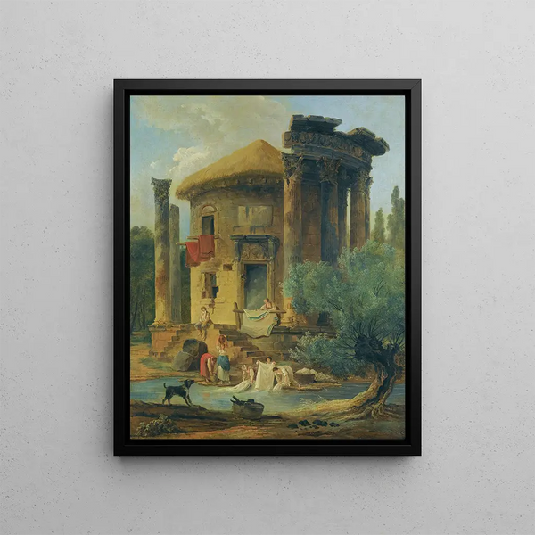 Lavandières nad rzeką pod ruiną okrągłego świątyni - Hubert Robert — oprawiony obraz na ścianie