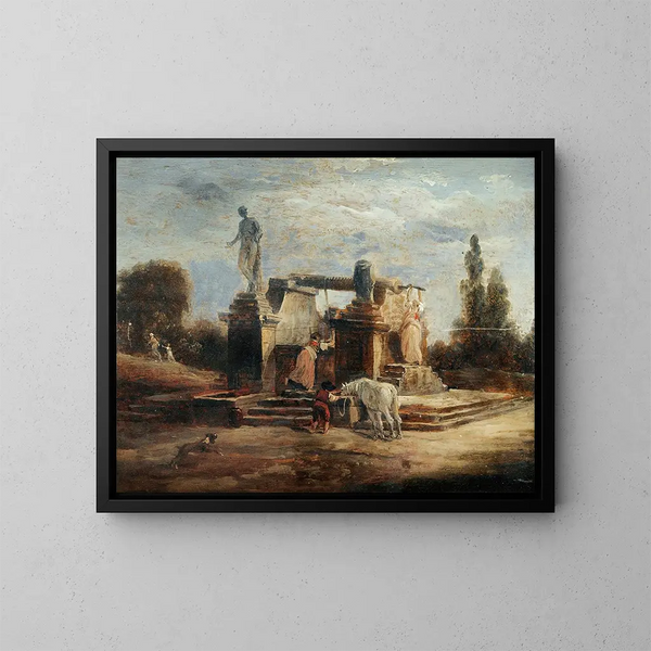 les lavandières à la fontaine - Hubert Robert — oprawiony obraz na ścianie