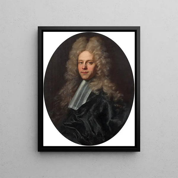 Portret mężczyzny prawnika w czarnym stroju i dużą peruką - Hyacinthe Rigaud — oprawiony obraz na ścianie
