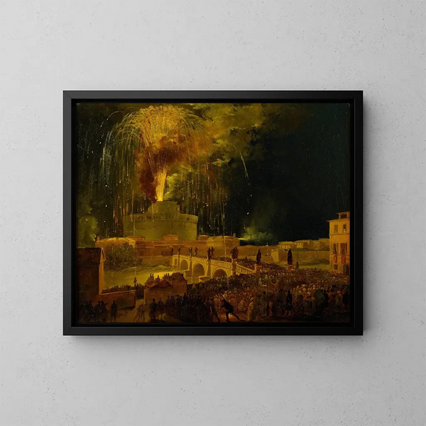 Pokazy fajerwerków Girandole od Castel Sant'Angelo w Rzymie - Ippolito Caffi — oprawiony obraz na ścianie