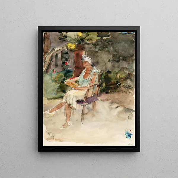 Isaac Israls - Lezende vrouw op een stoel in een tuin.webp