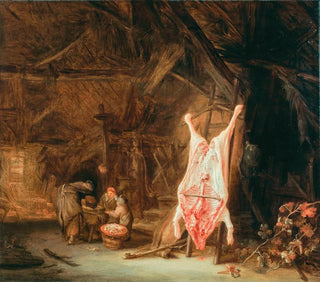 Isaac van Ostade - A barn interior with a slaughtered pig a woman preparing meat and two children beyond.webp