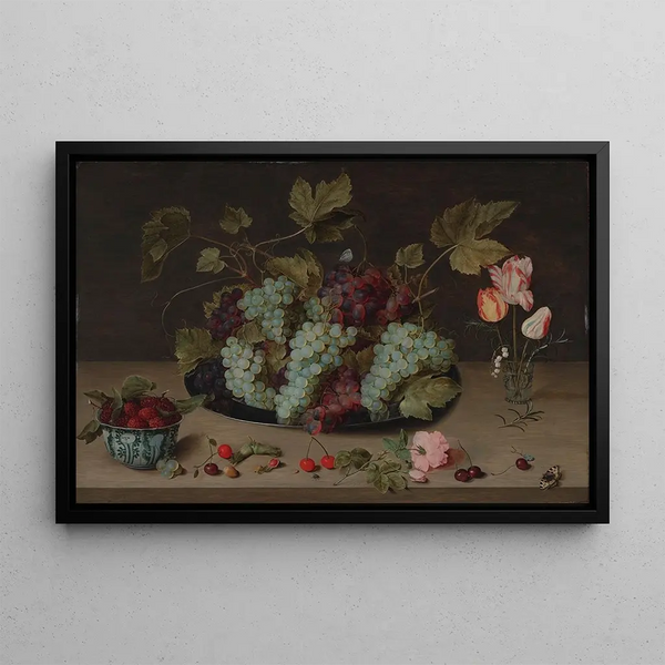 Isaak Soreau - Stilllife with Grapes Flowers and Berries in a Wanli Bowl.webp