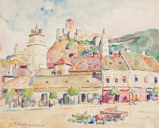 Widok na Trenczyn, fragment miasta z zamkiem - Ivan Ivanec — widok dzieła