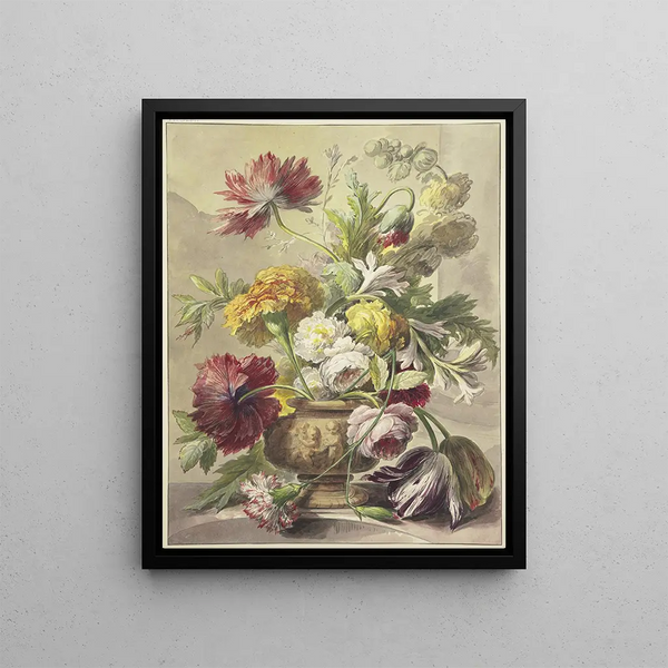 J H Van Loon - Blumenstrau in einer Vase mit Basrelief von Mohn Rosen Tulpen quer ber der Vase hngt eine geknickte Nelke.webp