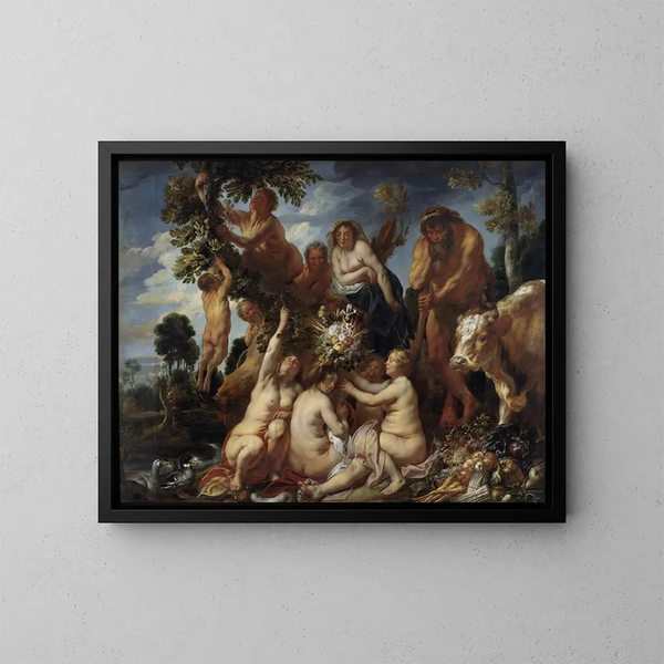 Achéloos pokonany przez Herkulesa, pochodzenie rogu obfitości, alegoria płodności - Jacob Jordaens — oprawiony obraz na ścianie