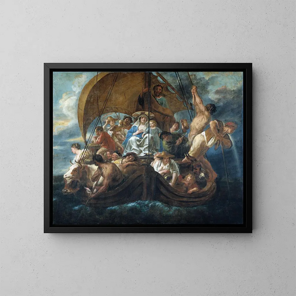 Święta Rodzina z różnymi postaciami i zwierzętami na łodzi - Jacob Jordaens — oprawiony obraz na ścianie