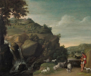 Jacob Symonsz Pynas - A hilly landscape with a waterfall and a goatherd.webp