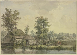 Jacob van Liender - Bauernhaus am Wasser bei einem Schubkarren eine Kuh.webp