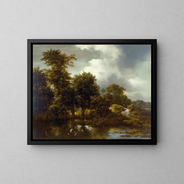 Zalesiony krajobraz z stawem - Jacob van Ruisdael — oprawiony obraz na ścianie