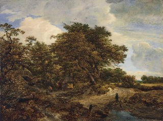 Jacob van Ruisdael - A wooded landscape with cottages and a figure and dogs on a dirt path.webp