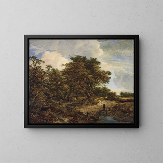 Jacob van Ruisdael - A wooded landscape with cottages and a figure and dogs on a dirt path.webp