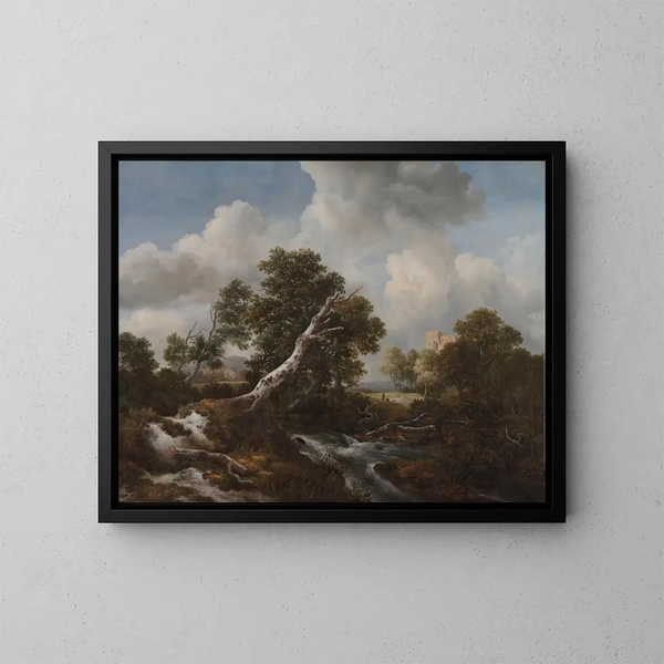 Kaskadowy na niskim tle w lesistym krajobrazie z martwym buku - Jacob van Ruisdael — oprawiony obraz na ścianie