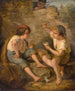 dwóch chłopców grających w karty obserwowanych przez nauczyciela za kamiennym murem - Jacques Alfred van Muyden — widok dzieła
