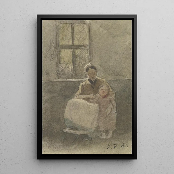 Jakob Frchtegott Dielmann - Eine Frau an einem Fenster sitzend hlt ein neben ihr stehendes Kind.webp