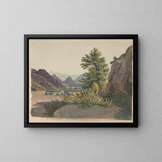 James Fuller Queen - Western scene with buttes and possibly a pueblo community in the distance as seen from a ravine with a cottonwood tree.webp