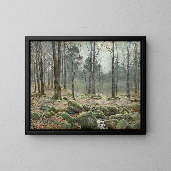 Słoneczny obraz poranny w kwietniu w Betws-y-Coed, Walia Północna - James Thomas Watts — oprawiony obraz na ścianie