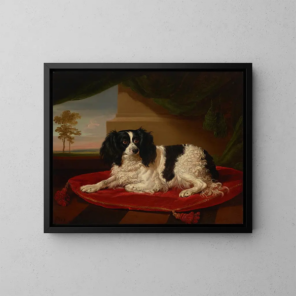 Un épagneul King Charles sur un coussin rouge - James Ward — oprawiony obraz na ścianie