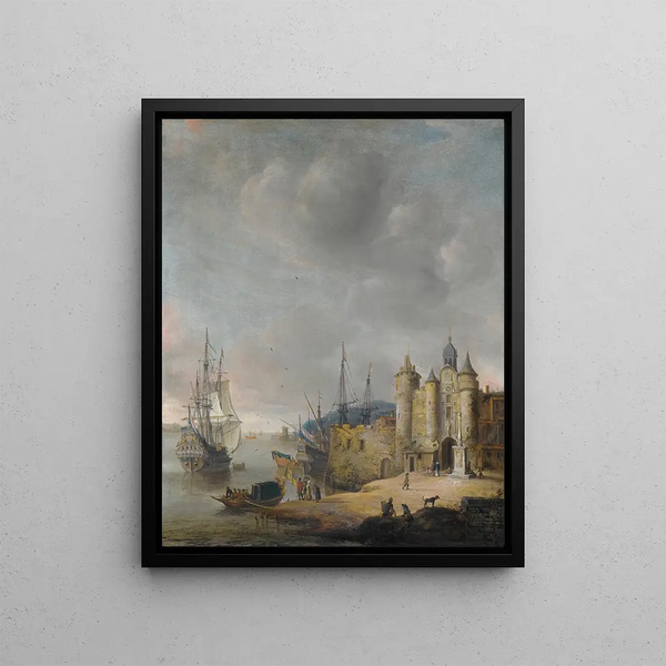 Jan Abrahamsz Beerstraaten - A Harbour Scene With A ManOfWar And Other Shipping Figures Conversing On The Shore.webp