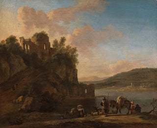 Jan Asselijn - An Italianate River Landscape With Herders On A Path With Their Flock And Donkeys.webp