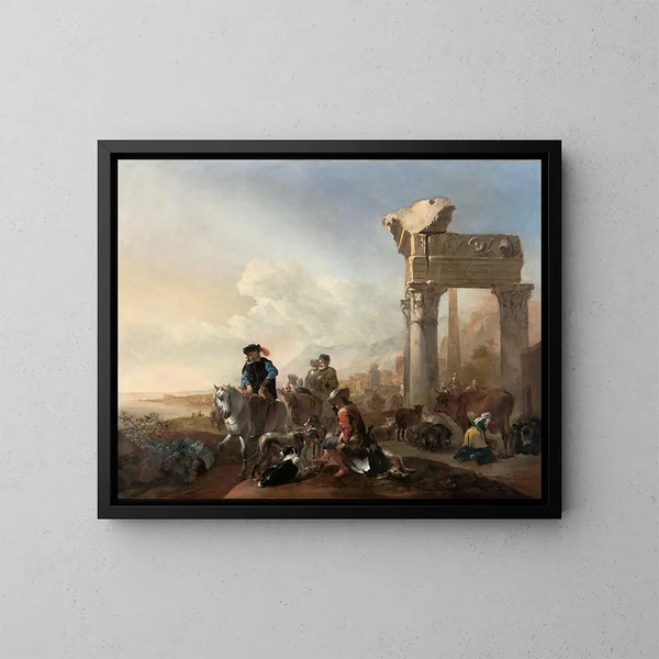 Myśliwi w pobliżu ruin - Jan Baptist Weenix — oprawiony obraz na ścianie