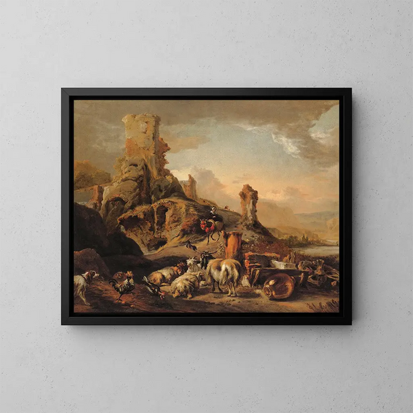 Bergère et son troupeau sur un chemin - Jan Baptist Weenix — oprawiony obraz na ścianie