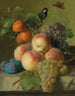 Martwa natura z brzoskwiniami, winogronami i śliwkami na kamiennym parapecie z ptakiem i motylem - Jan Frans van Dael — widok dzieła