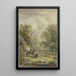 Jan Hulswit - Bei einer Htte weiden zwei Khe und drei Schafe.webp