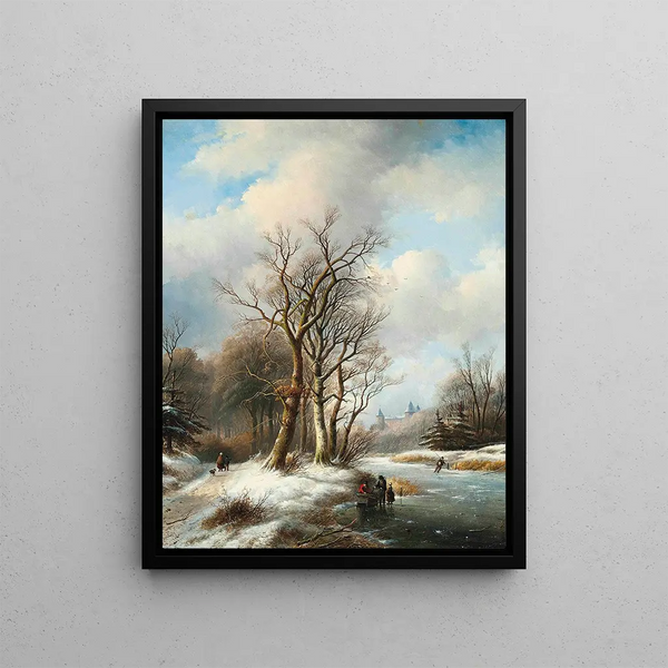Jan Jacob Coenraad Spohler - Figures on a frozen waterway a castle beyond.webp
