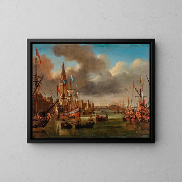 Widok na IJ w Amsterdamie z Haringpakkerstoren i Nieuwe Stadsherberg w oddali - Jan Karel Donatus van Beecq — oprawiony obraz na ścianie