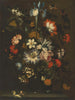 Un iris, des œillets, des roses et d'autres fleurs dans un vase en verre sur un rebord avec des papillons - Jan Pieter Brueghel — widok dzieła