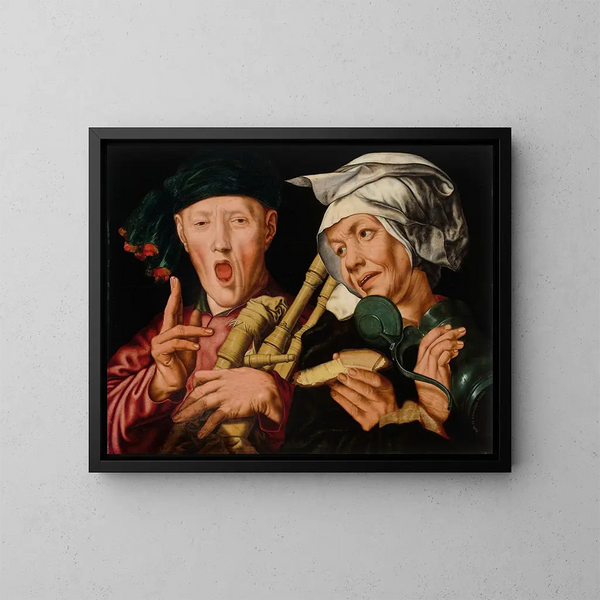 Le joueur de cornemuse et la femme joyeuse - Jan Sanders van Hemessen — oprawiony obraz na ścianie