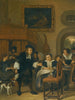 Mężczyzna ofiarowuje kobiecie kieliszek wina z parą grającą muzykę i innymi mieszkańcami miasta w wnętrzu - Jan Steen — widok dzieła