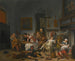 wnętrza tawerny z ludźmi pijącymi i grającymi na muzykę - Jan Steen — widok dzieła