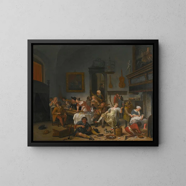 wnętrza tawerny z ludźmi pijącymi i grającymi na muzykę - Jan Steen — oprawiony obraz na ścianie