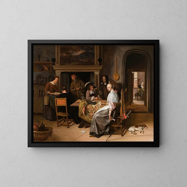 Elegancka firma w wnętrzu z postaciami grającymi w karty przy stole - Jan Steen — oprawiony obraz na ścianie
