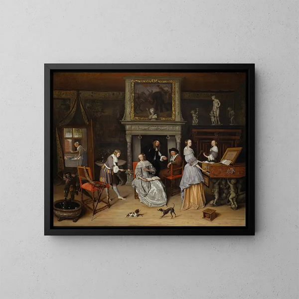 wewnętrzny z fantastycznym motywem z Jan Steenem i rodziną Gerrita Schoutena - Jan Steen — oprawiony obraz na ścianie