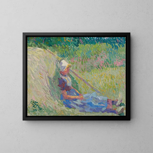 Dziewczyna opierająca się o stos siana - Jan Toorop — oprawiony obraz na ścianie