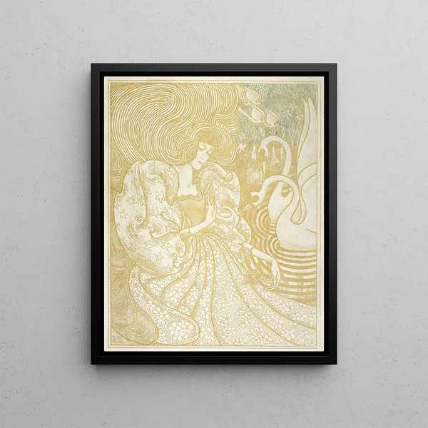Kobieta z motylem na stawie z dwoma łabędziami - Jan Toorop — oprawiony obraz na ścianie