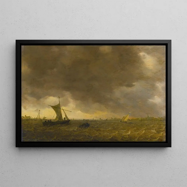 Scena z ujściem rzeki z przybyciem rafy i Weyschuits opuszczających żagle - Jan van Goyen — oprawiony obraz na ścianie