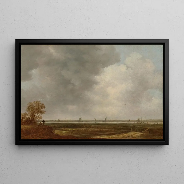 panoramiczny widok na rzekę z niskimi łąkami - Jan van Goyen — oprawiony obraz na ścianie