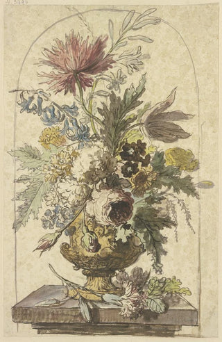 Jan van Huysum - Blumenbouquet in einer Vase vorne liegt eine Nelke.webp