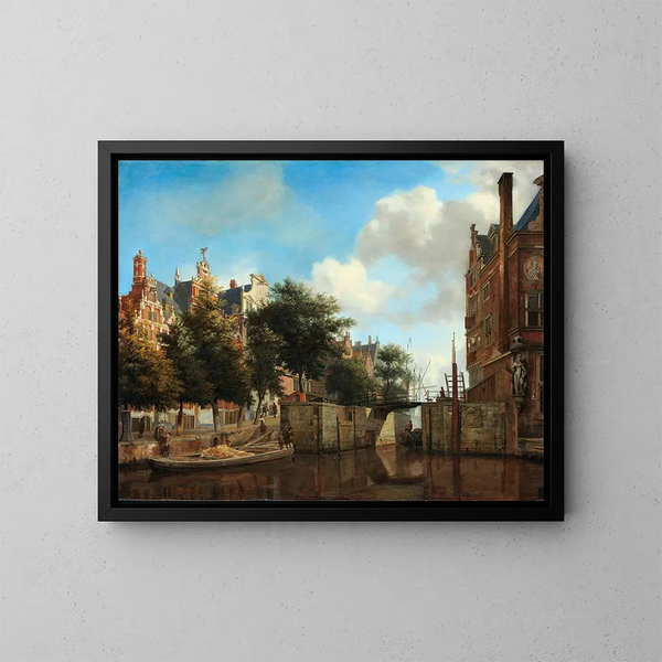 Widok na Amsterdam z domami nad Herengracht i dawnym Haarlemmersluis - Jan van der Heyden — oprawiony obraz na ścianie