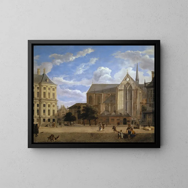 Le Dam à Amsterdam vers l'Hôtel de Ville et la Nieuwe Kerk - Jan van der Heyden — oprawiony obraz na ścianie