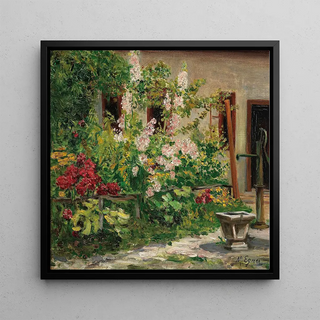 Jardin avant avec des roses trémières en fleurs - Marie Egner
