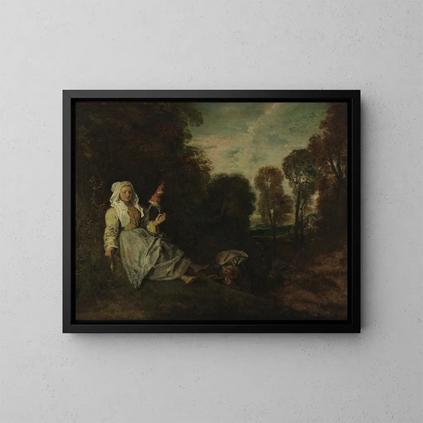 pejzażu wieczornego z prząśniczką - Jean-Antoine Watteau — oprawiony obraz na ścianie