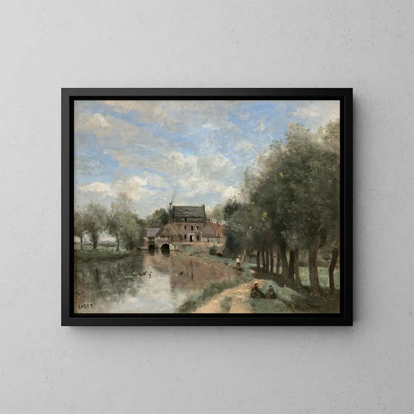 Arleux-du-Nord, młyn Drocourt nad Sens - Jean-Baptiste-Camille Corot — oprawiony obraz na ścianie